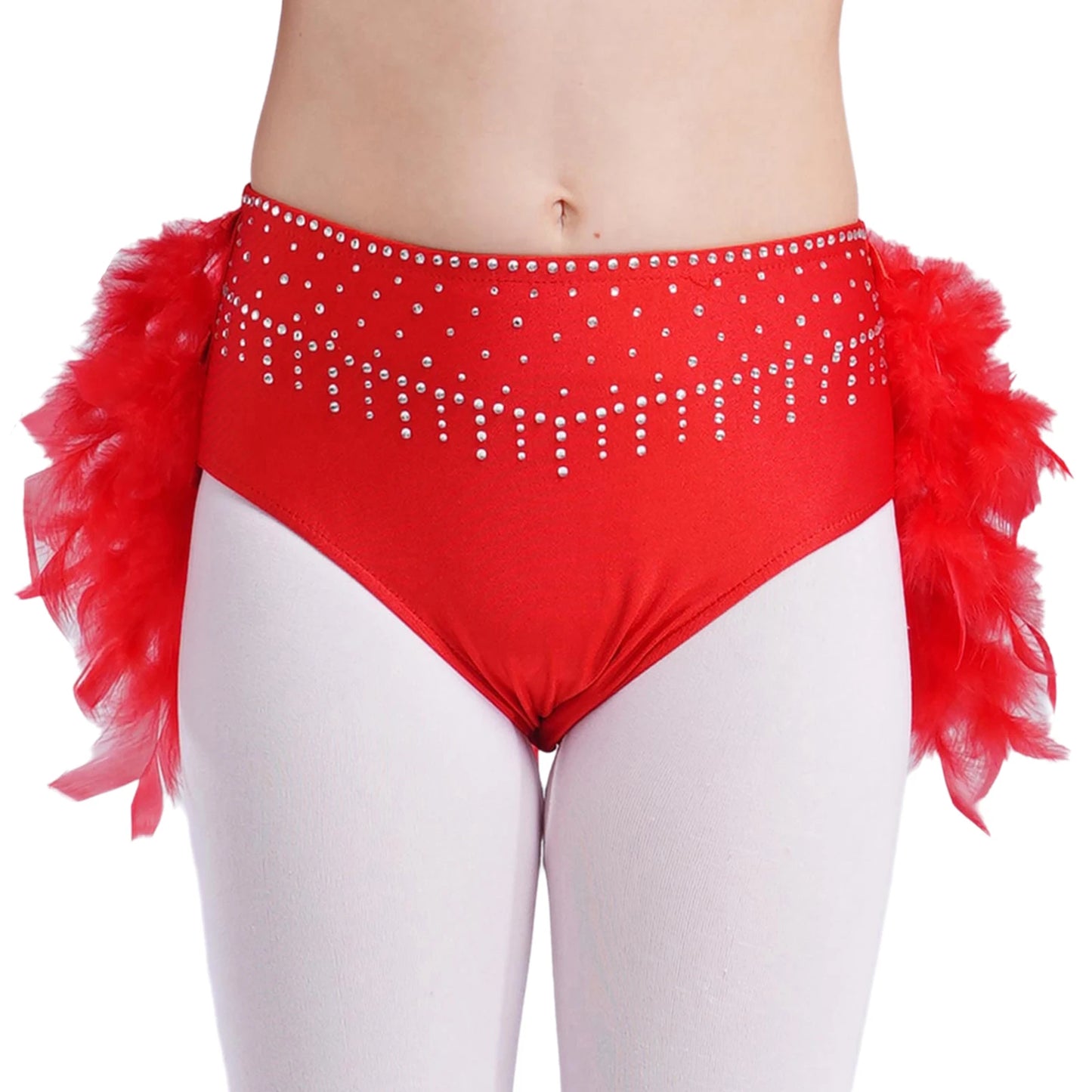 Girls Gymnastics Dance Performance Costume Rhinestone Crop Top With Feather Shorts Set (Age 6-16YRS)