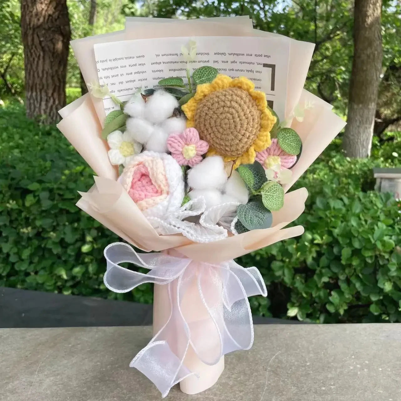 Plush Rose Sunflowers Tulip Carnations Knitted Crochet Flower Bouquet