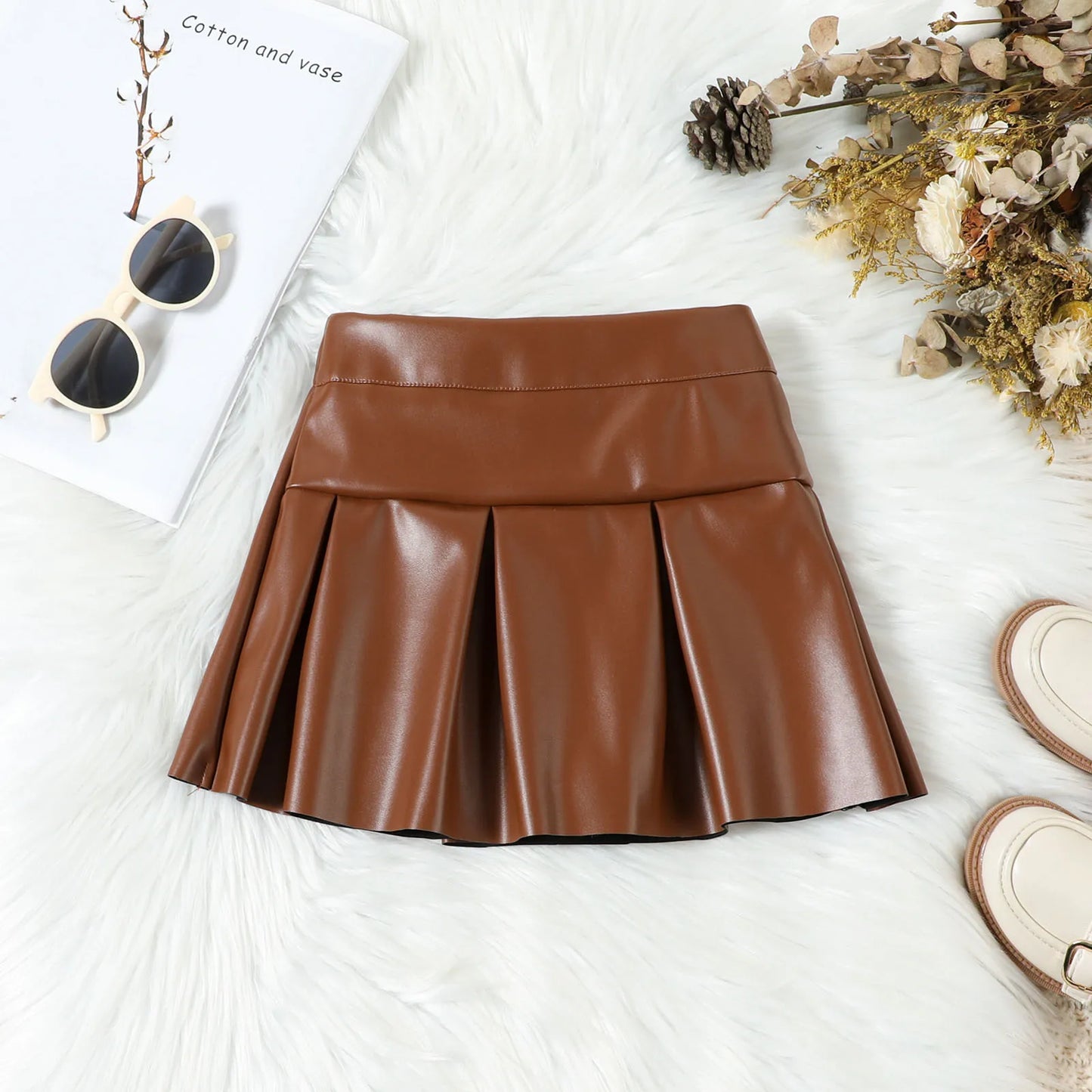 Toddler Girls Faux Leather Sleeveless Vest Top & Pleated Skirt Set (24M-6YRS)