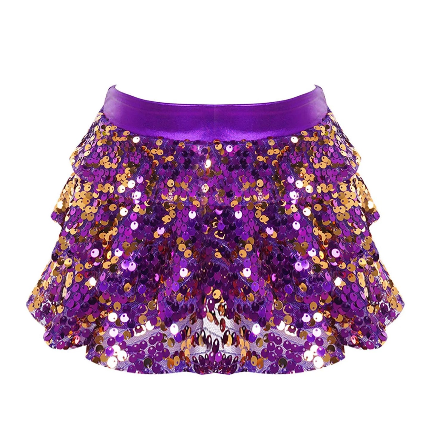 Girls Tiered Ruffle Dance Metallic Shiny Shorts (Age 4-16 YEARS) Purple