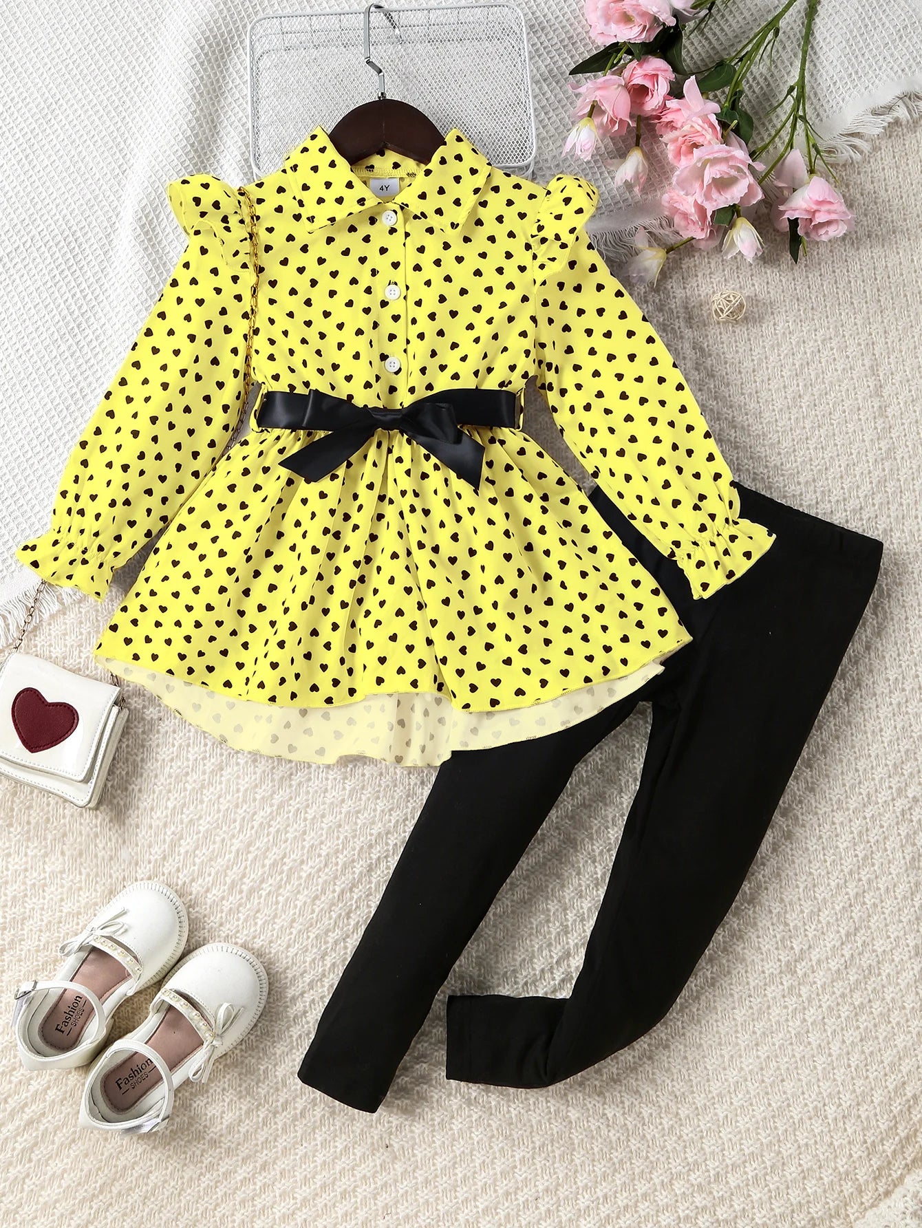 Girls Polka Dot Shirt Leggings & Belt Set (Age 24M-7YRS) Green