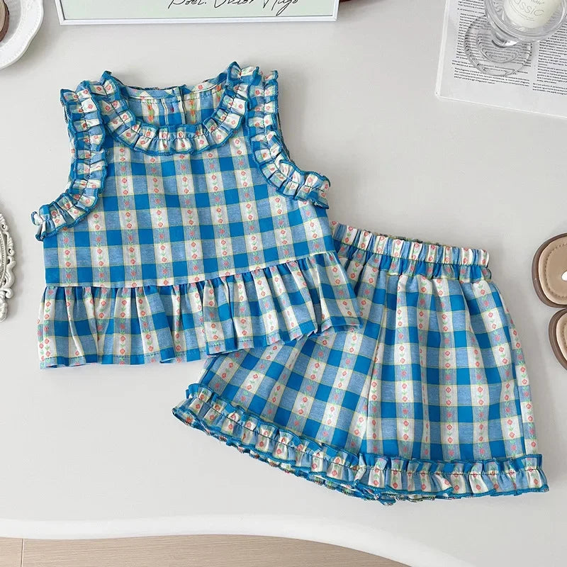 Girls Plaid Print Sleeveless Top & Wide Leg Pants & Shorts Set (Age 3-7 YRS)