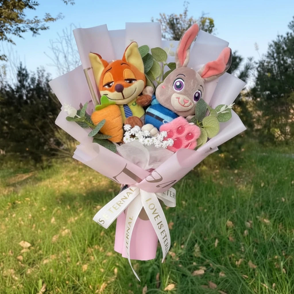 Zootopia Plush Bouquet – Judy Hopps & Nick Wilde | Handmade Plush Flower Arrangement • Birthday, Christmas & Valentine’s Gift 3-35cm