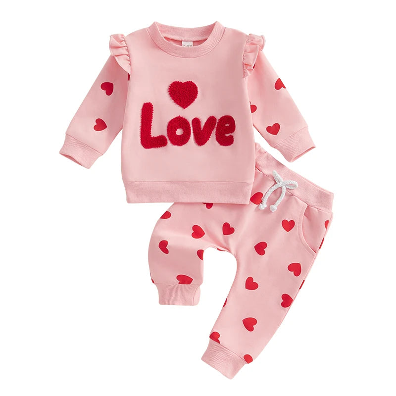 Baby Girls Pink Long Sleeve Embroidered ‘Love’ Hoodie & Heart Sweatpants (Age 6M-3YRS)