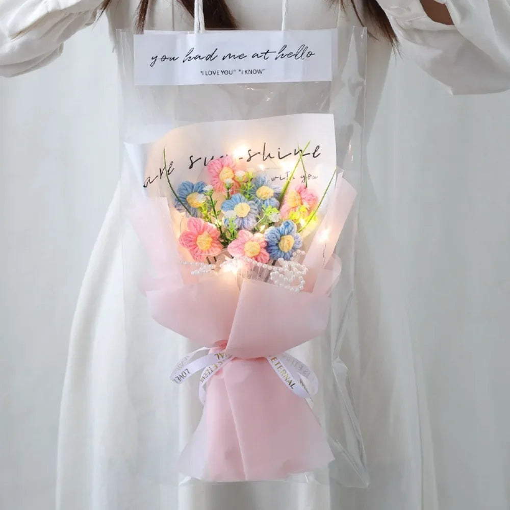 Hand Knitted Crochet Gift Flowers Bouquet With LED Lights Pink