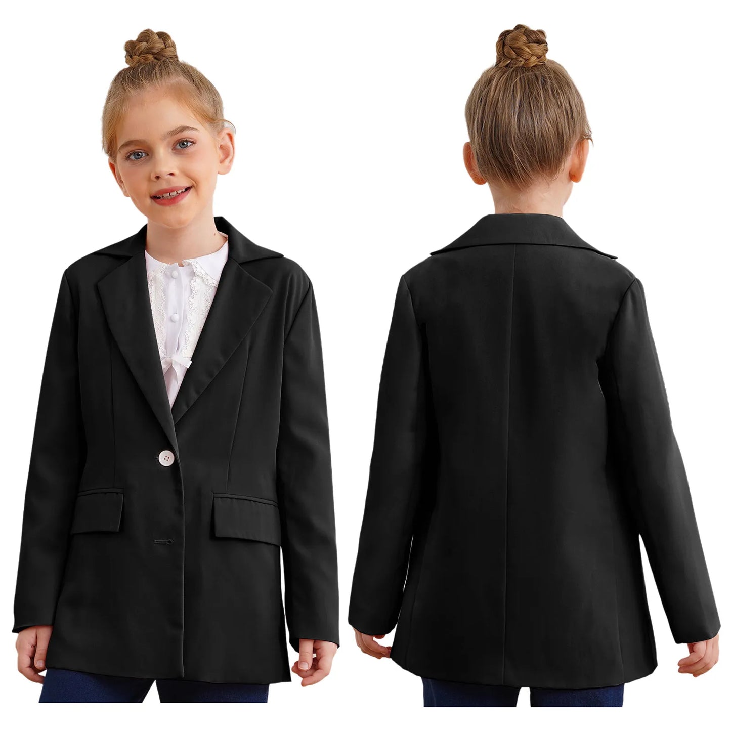 Girls Lapel Long Sleeve Blazer Jacket (6-16 YRS) Black