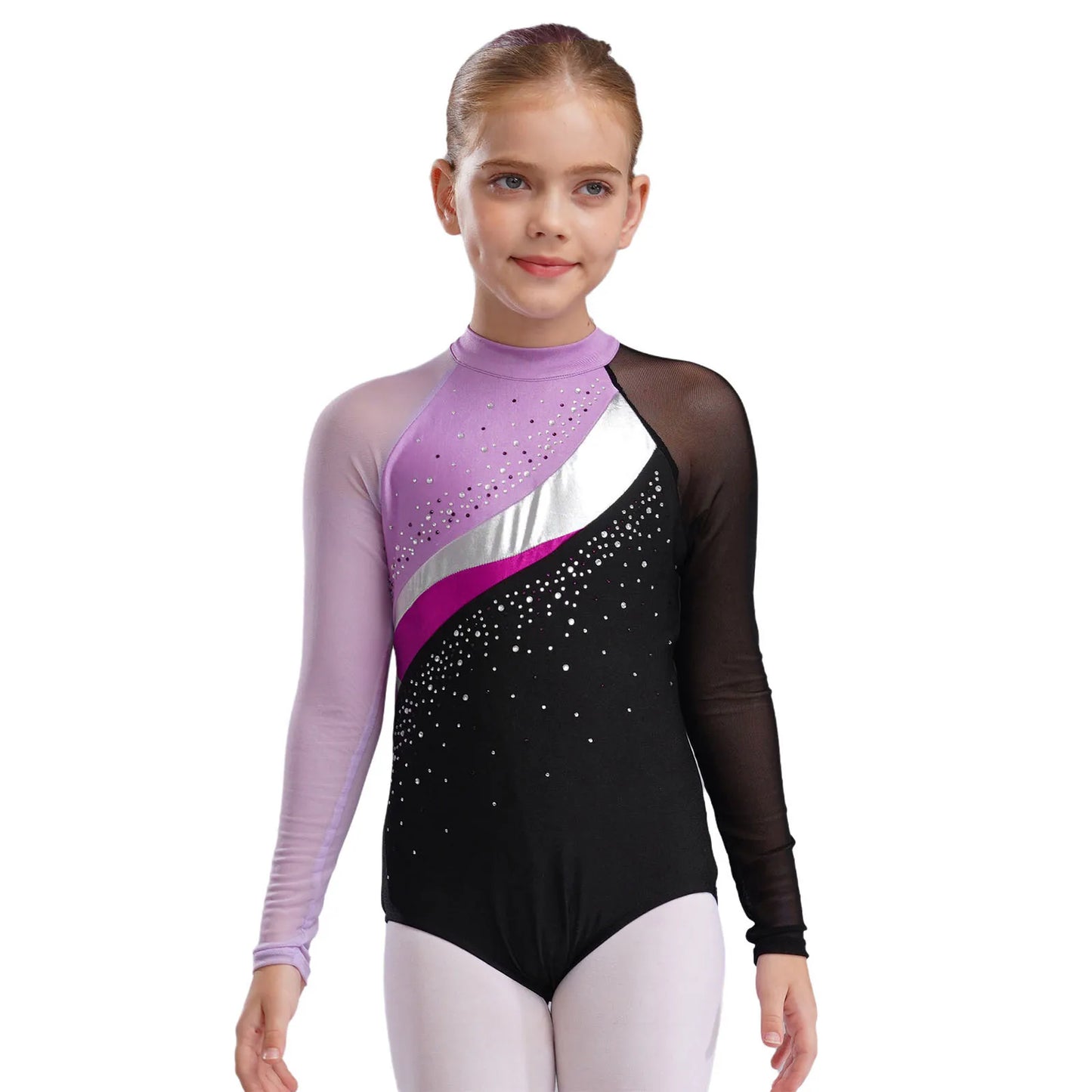 Girls Ballet Dance Leotard Gymnastics Rhinestones Sheer Mesh Long Sleeve (Age 4-16 YRS) Purple