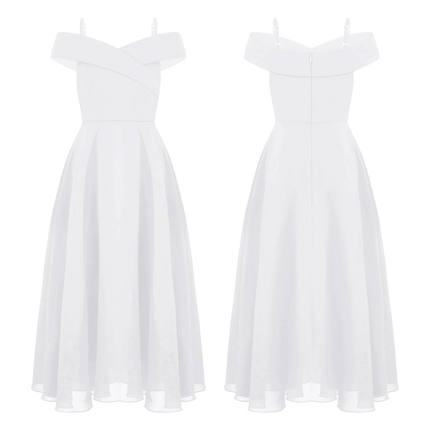 Girls Chiffon Off-the-Shoulder Adjustable A-Line Dress (Age 4-16 YRS) White