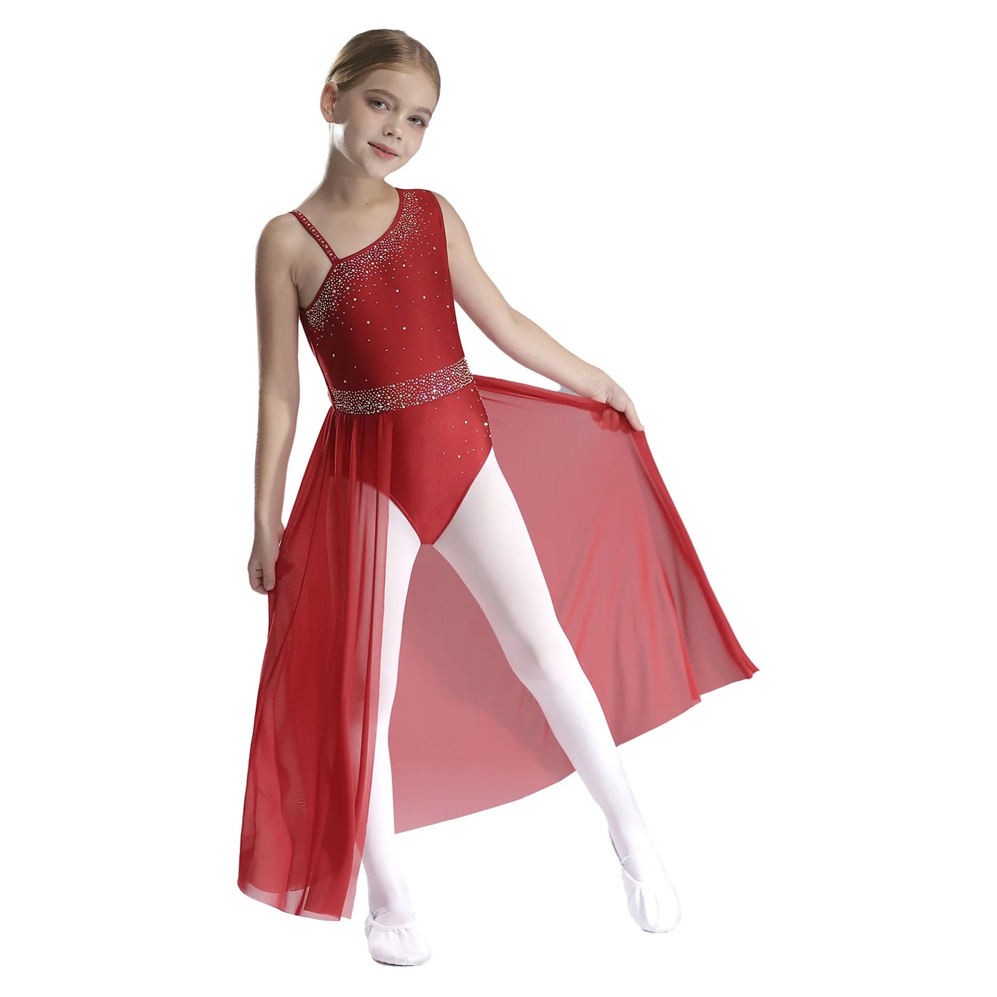 Girls Dance Costume Ballet Rhinestones Sleeveless Sheer Mesh Leotard Dress (Age 6-16 YRS)