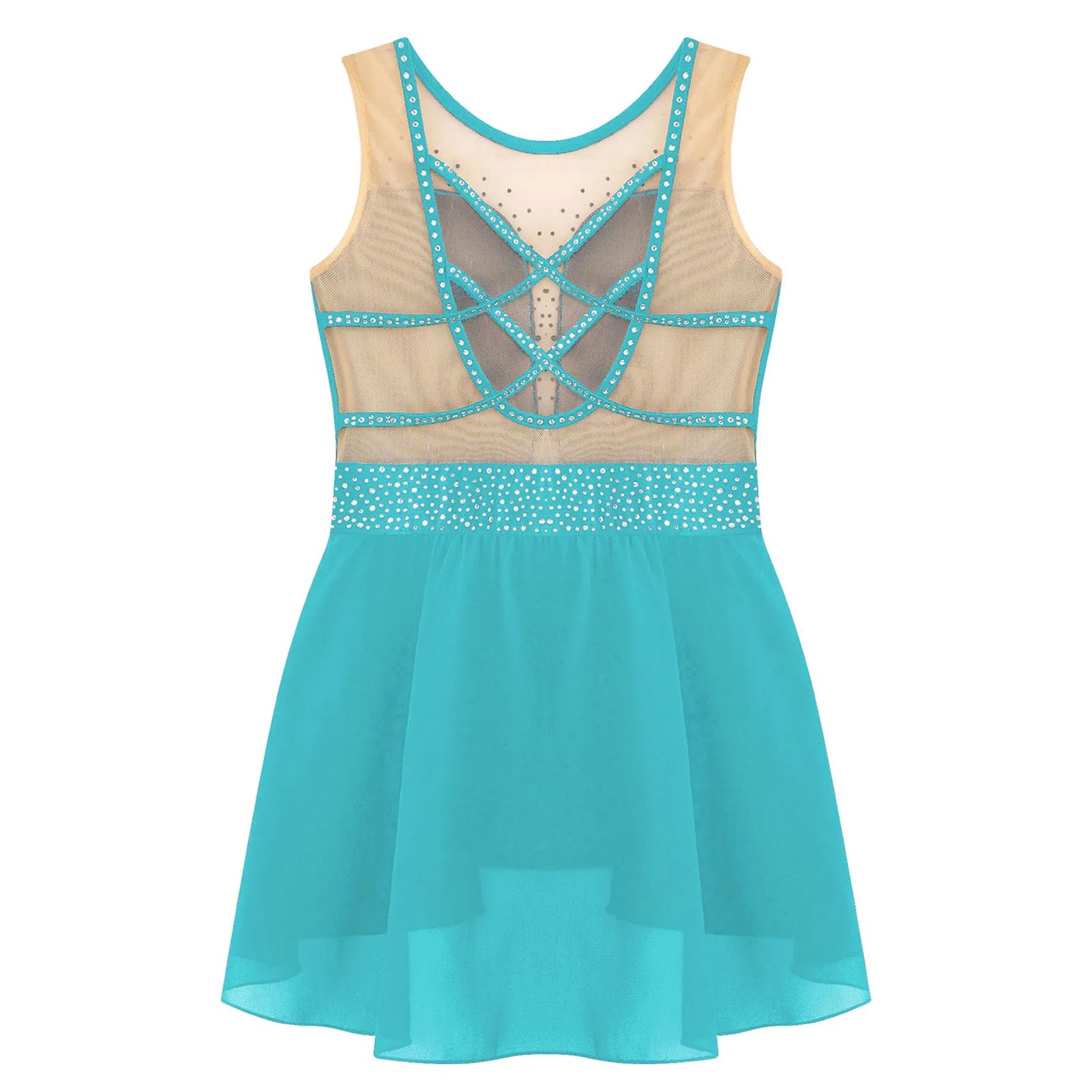 Rhinestone Gymnastics Figure Skating Dress for Teen Girls Sleeveless Sheer Mesh Tutu Ballet Leotard Lyrical Performance Costume