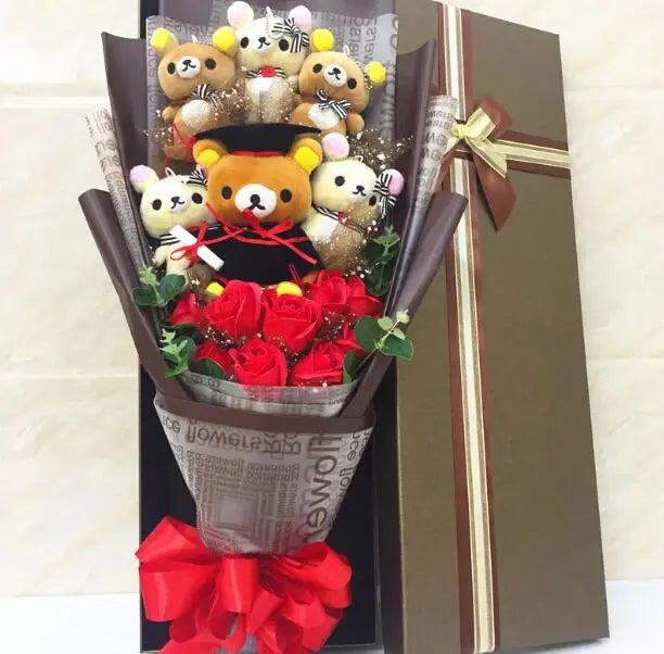 Graduation Teddy Bear Plush Flower Gift Bouquet | Keepsake for Graduation & Celebrations Brick Red
