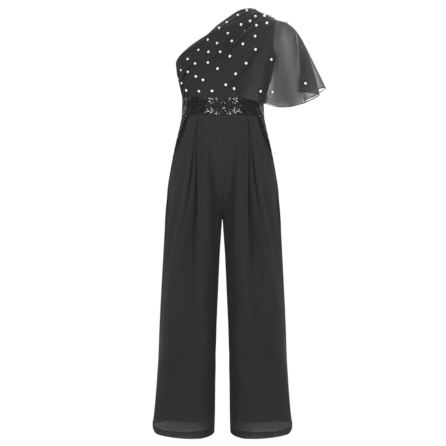 Girls One Shoulder PearlSequin Ruffled Wide Leg Jumpsuit (Age 6-14YRS)