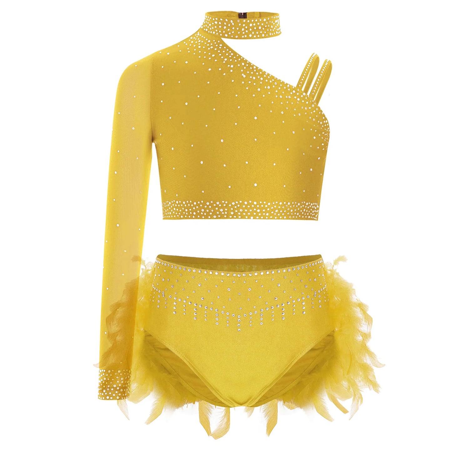 Girls Gymnastics Dance Performance Costume Rhinestone Crop Top With Feather Shorts Set (Age 6-16YRS) Yellow