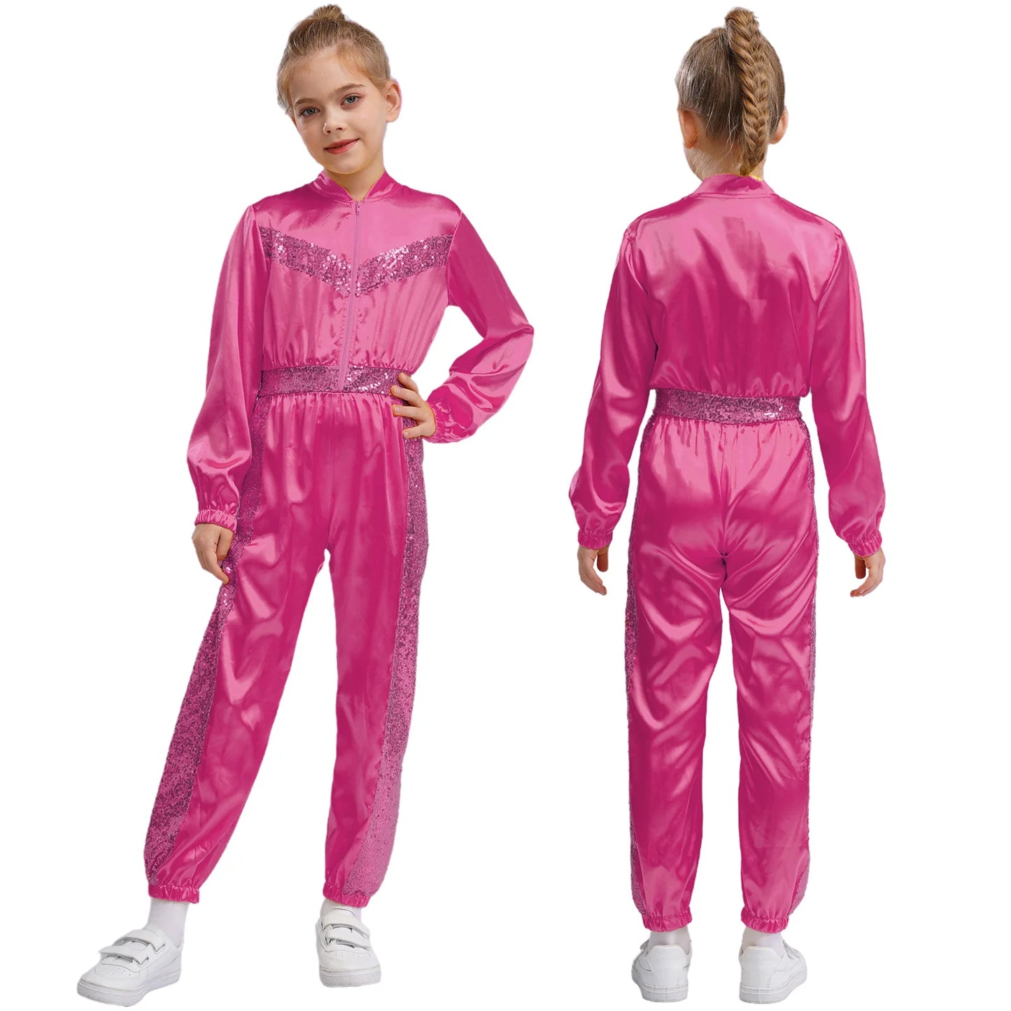 Girls Sequin Satin m Long Sleeve Zipper Jumpsuit (Age 6-16 YRS)