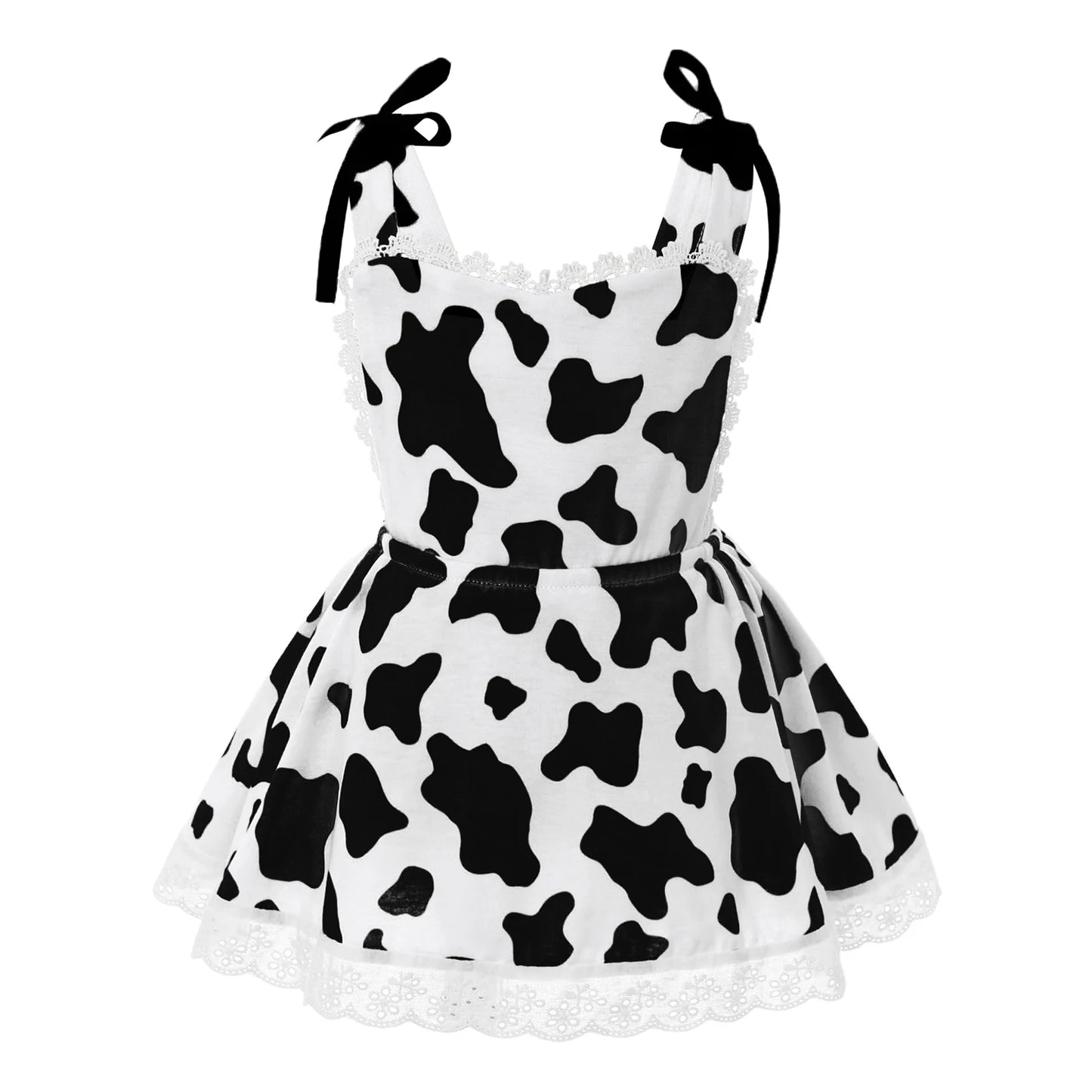 Girls Cow Print Sleeveless Lace Trim Dress (Age 12M-6 YRS)