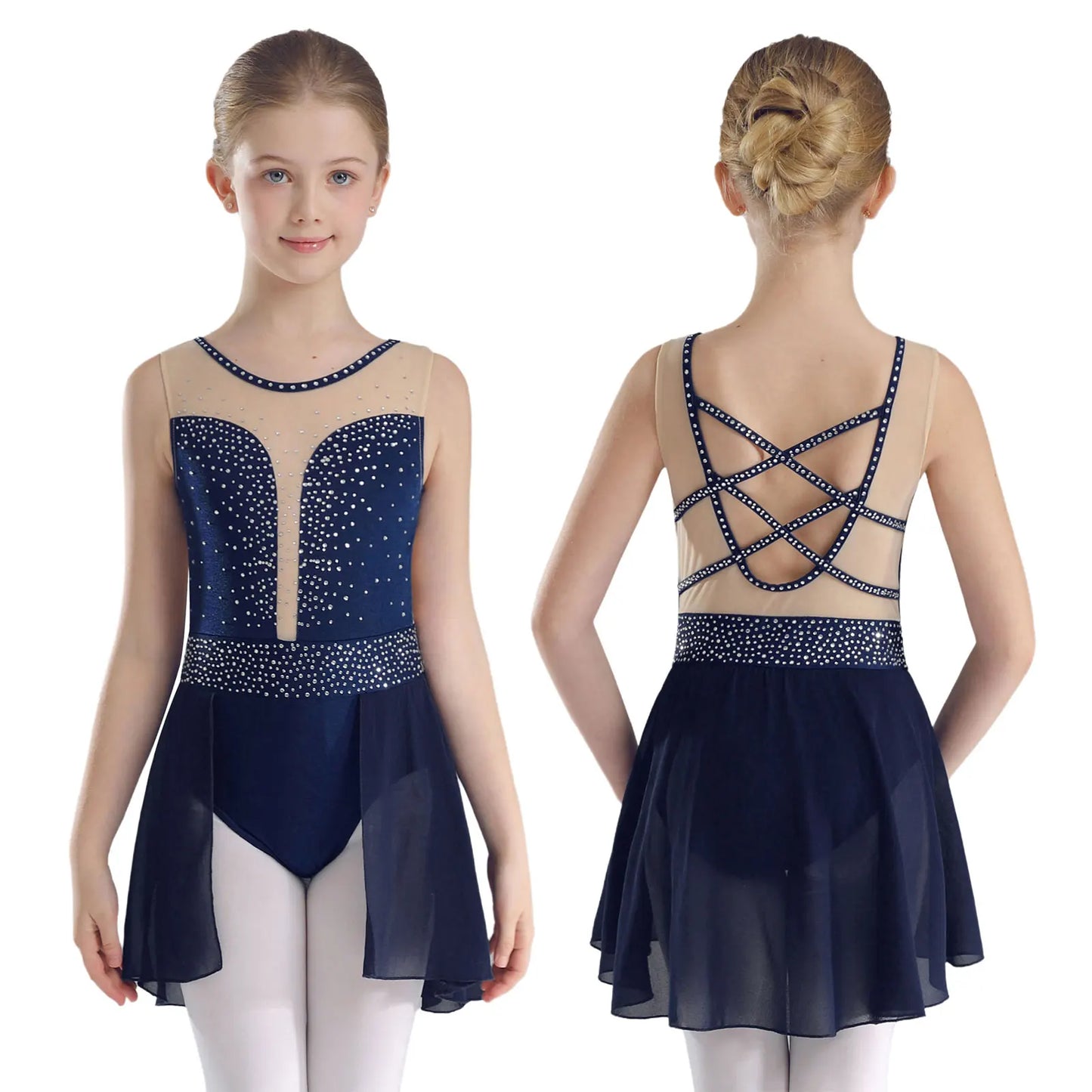 Rhinestone Gymnastics Figure Skating Dress for Teen Girls Sleeveless Sheer Mesh Tutu Ballet Leotard Lyrical Performance Costume Navy Blue