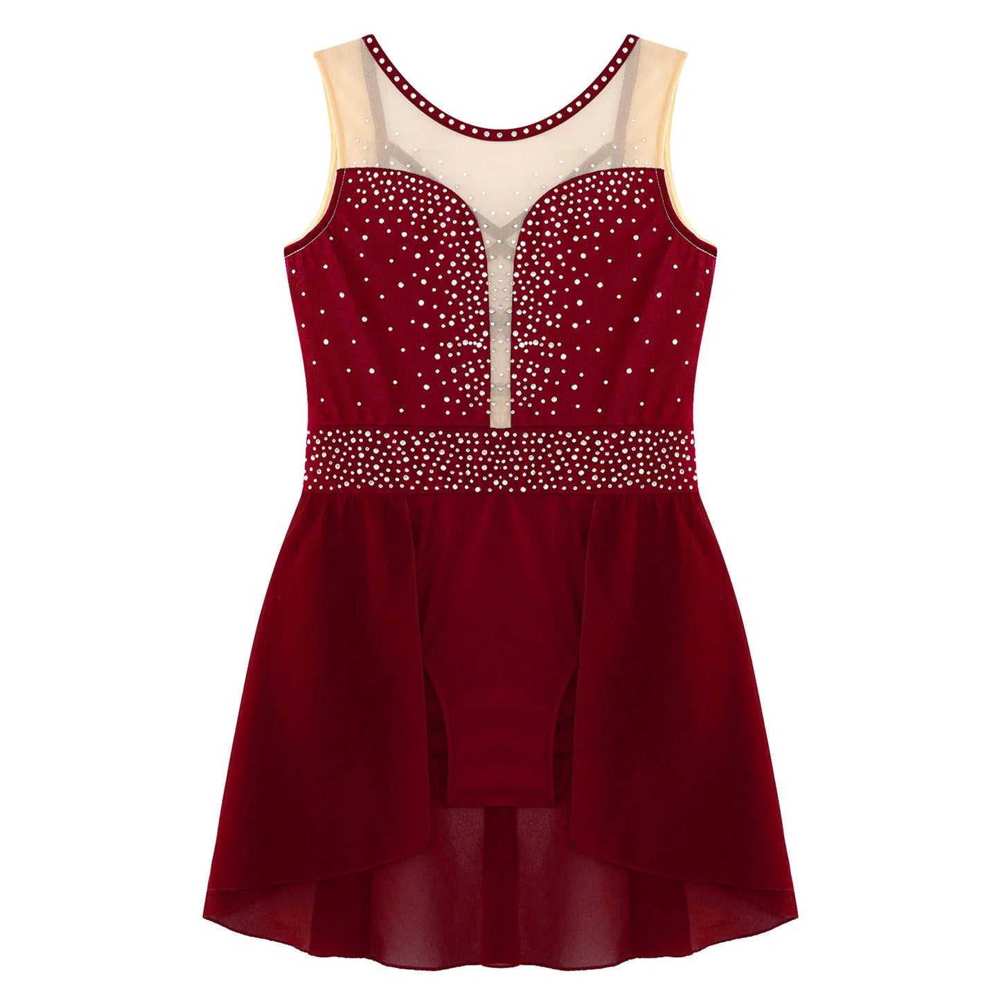 Rhinestone Gymnastics Figure Skating Dress for Teen Girls Sleeveless Sheer Mesh Tutu Ballet Leotard Lyrical Performance Costume