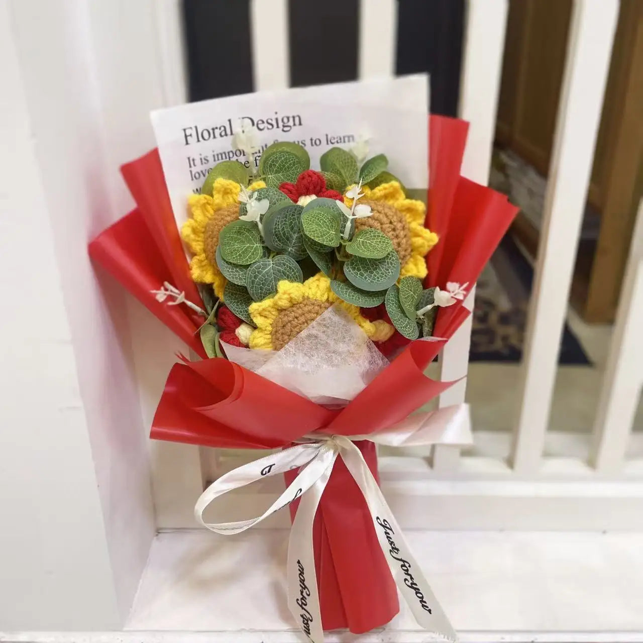 Plush Knitted Sunflowers Roses Crochet Flowers Gift Bouquet 7