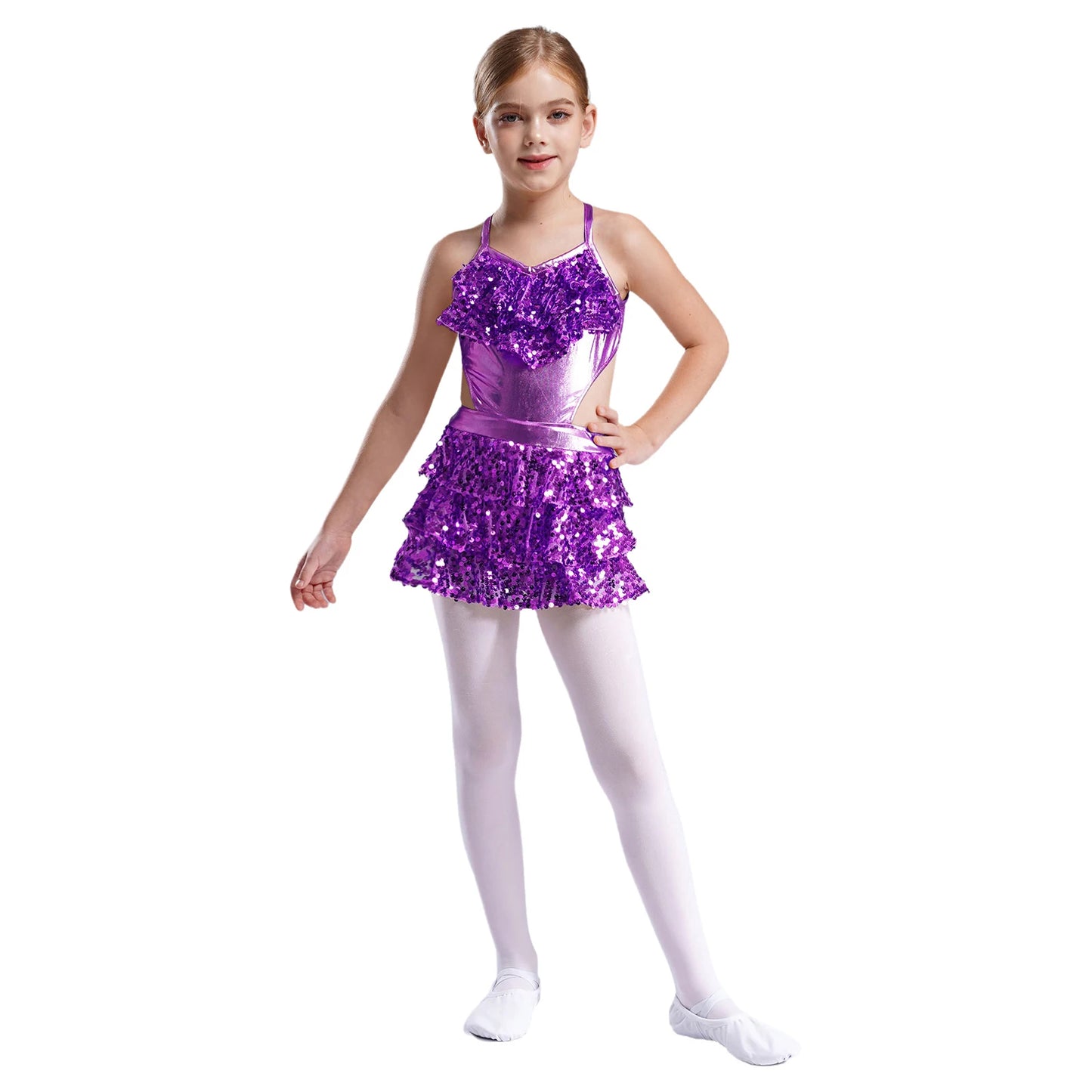 Girls Sequin Dance Sleeveless Cutout Tiered Ruffle Metallic Leotard Dress (Age 6-16 YRS)