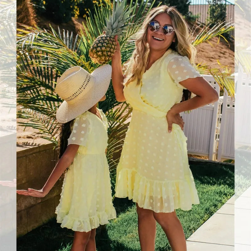 Mother & Daughter Matching Short Sleeves V-neck Polka Dot Dress (Mommy & Me) Yellow