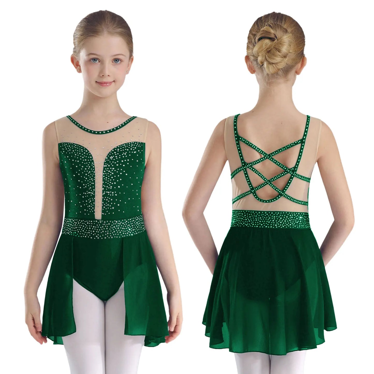 Rhinestone Gymnastics Figure Skating Dress for Teen Girls Sleeveless Sheer Mesh Tutu Ballet Leotard Lyrical Performance Costume Green