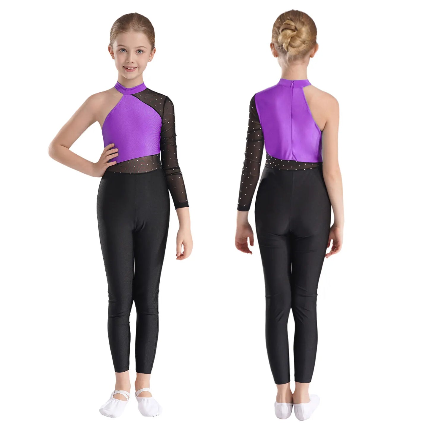 Girls Gymnastics Rhinestones Sheer Mesh Jumpsuit (Age 6-16 YRS) Purple