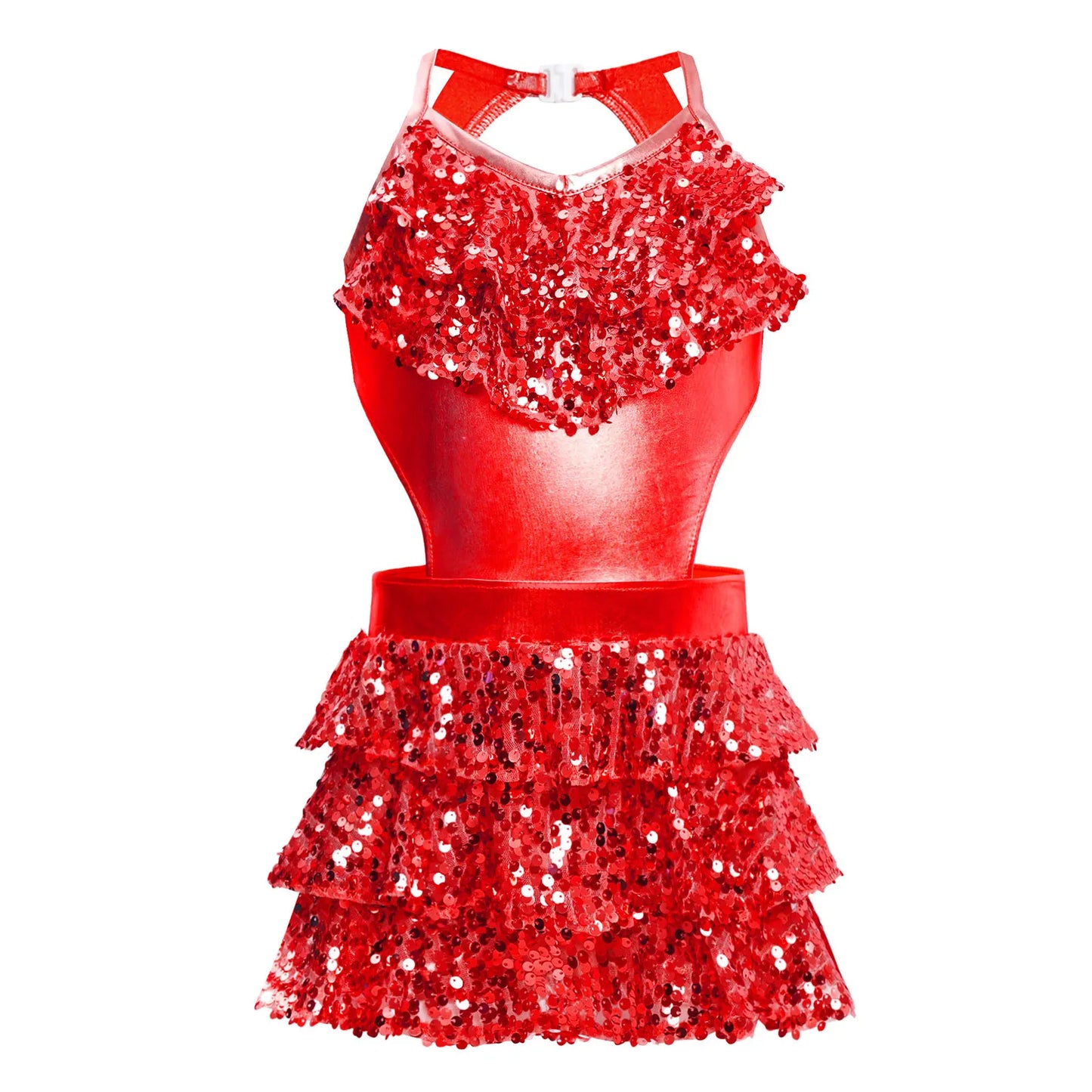 Girls Sequin Dance Sleeveless Cutout Tiered Ruffle Metallic Leotard Dress (Age 6-16 YRS)