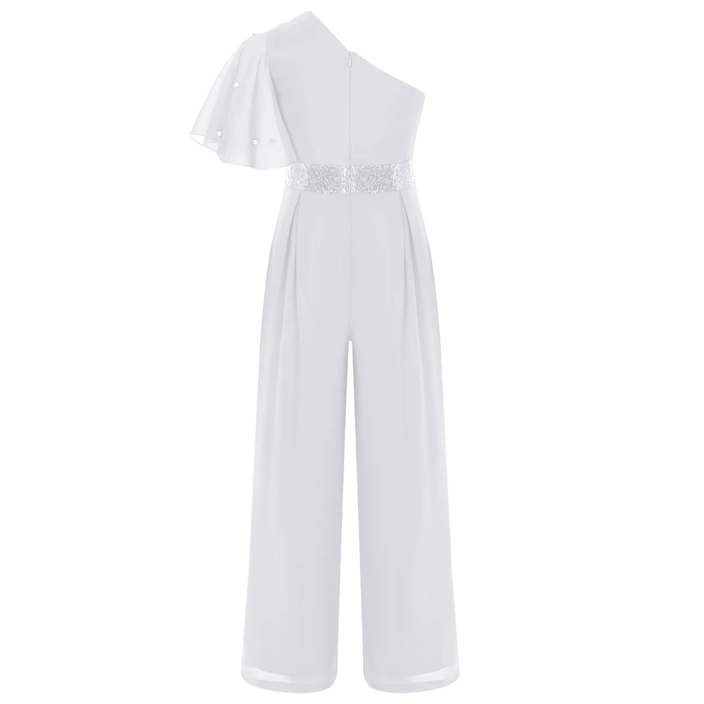 Girls One Shoulder PearlSequin Ruffled Wide Leg Jumpsuit (Age 6-14YRS)