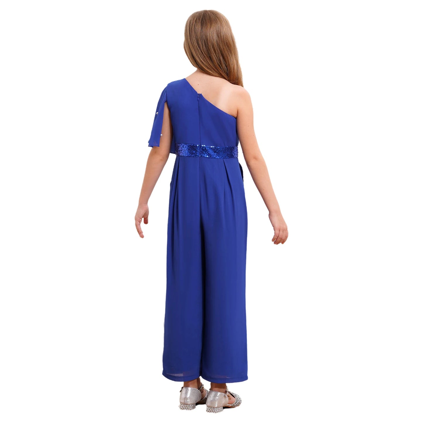 Girls One Shoulder PearlSequin Ruffled Wide Leg Jumpsuit (Age 6-14YRS)