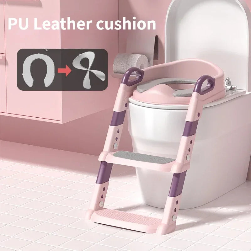 Children's Toilet Seat Stairs Baby Boys and Girls Toilet Folding Stand Step Stool Pink and PU mat