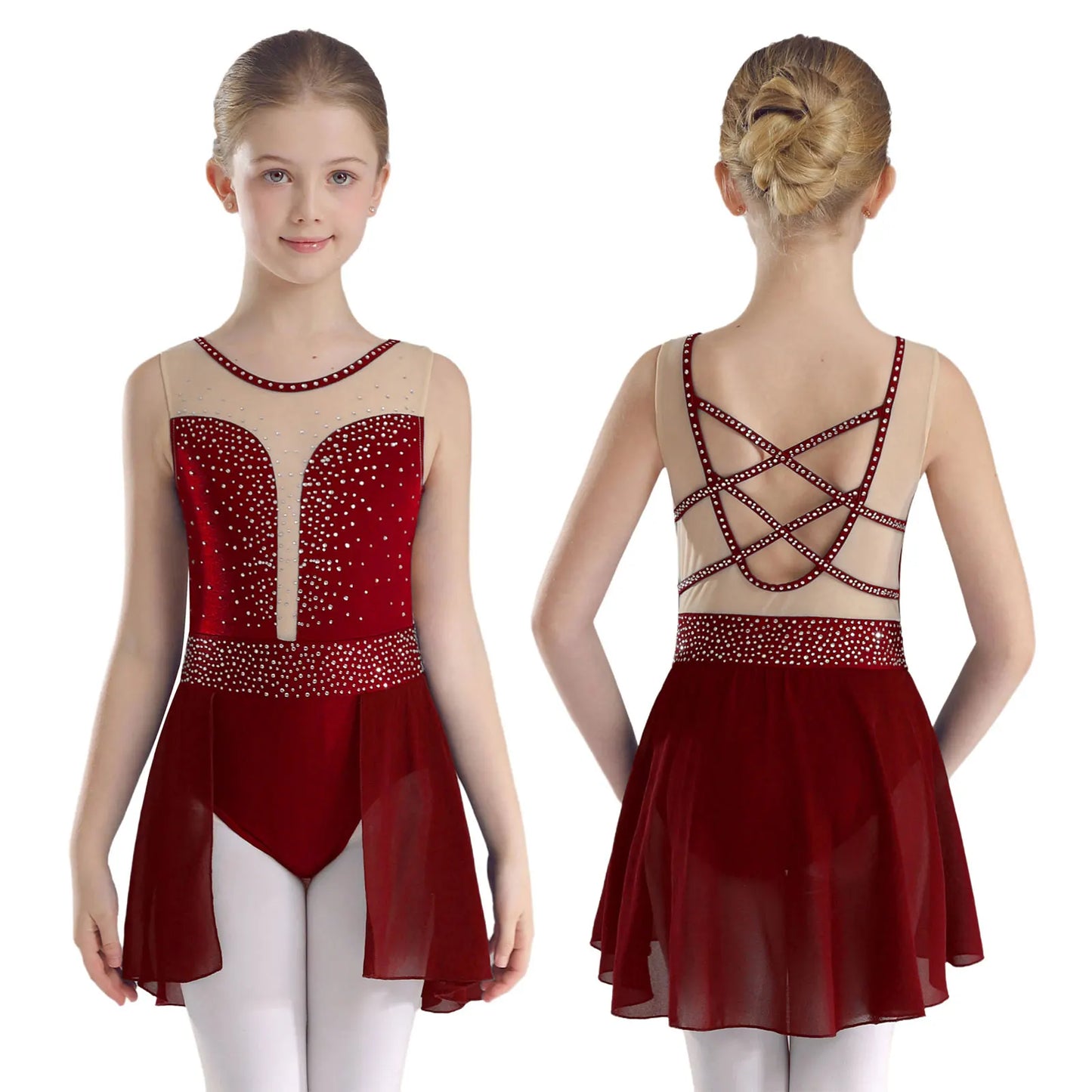 Rhinestone Gymnastics Figure Skating Dress for Teen Girls Sleeveless Sheer Mesh Tutu Ballet Leotard Lyrical Performance Costume Burgundy