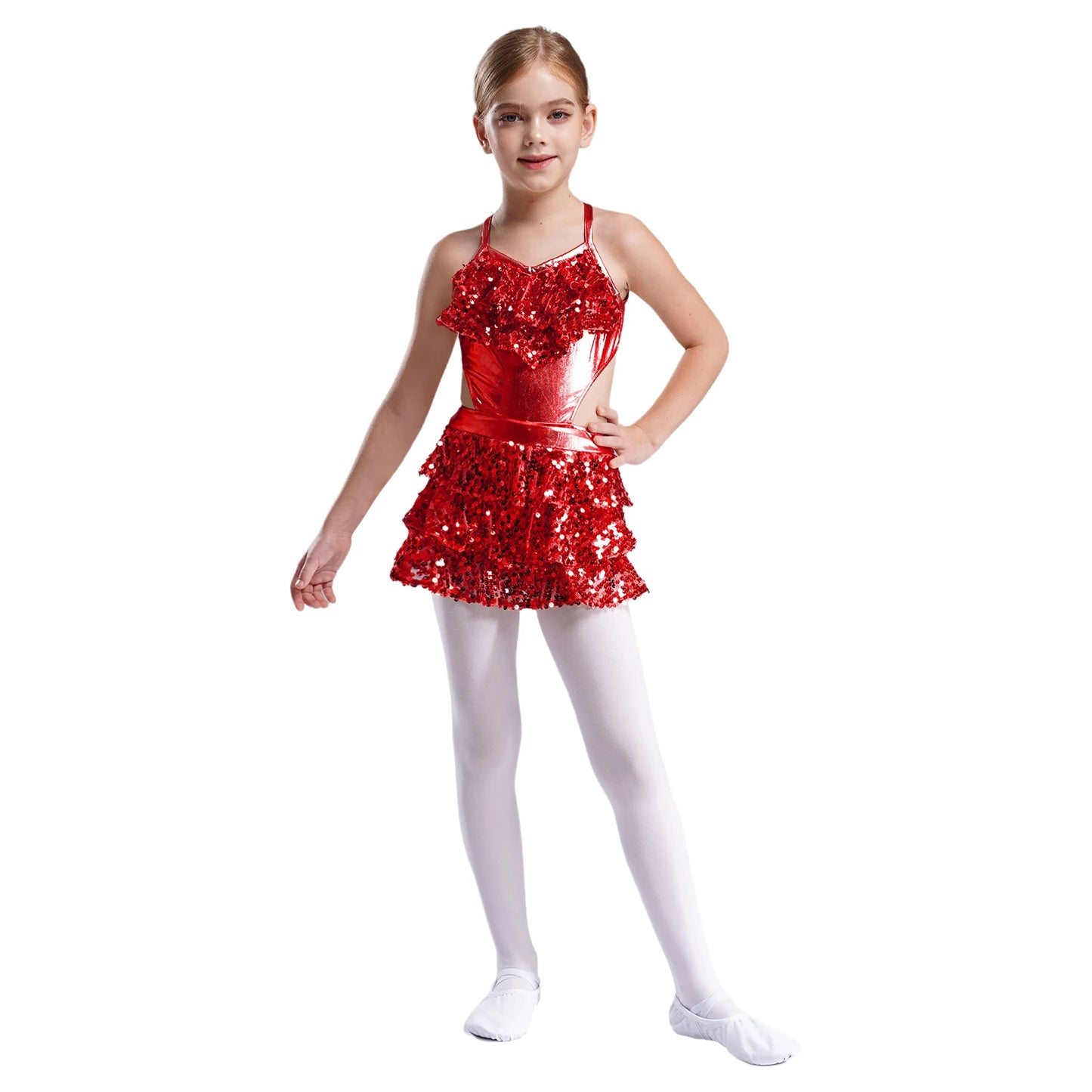 Girls Sequin Dance Sleeveless Cutout Tiered Ruffle Metallic Leotard Dress (Age 6-16 YRS)