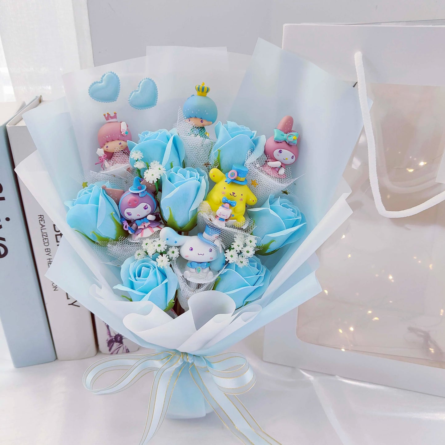 Plush Kitty Toy Gift Flower Bouquet Light Cyan