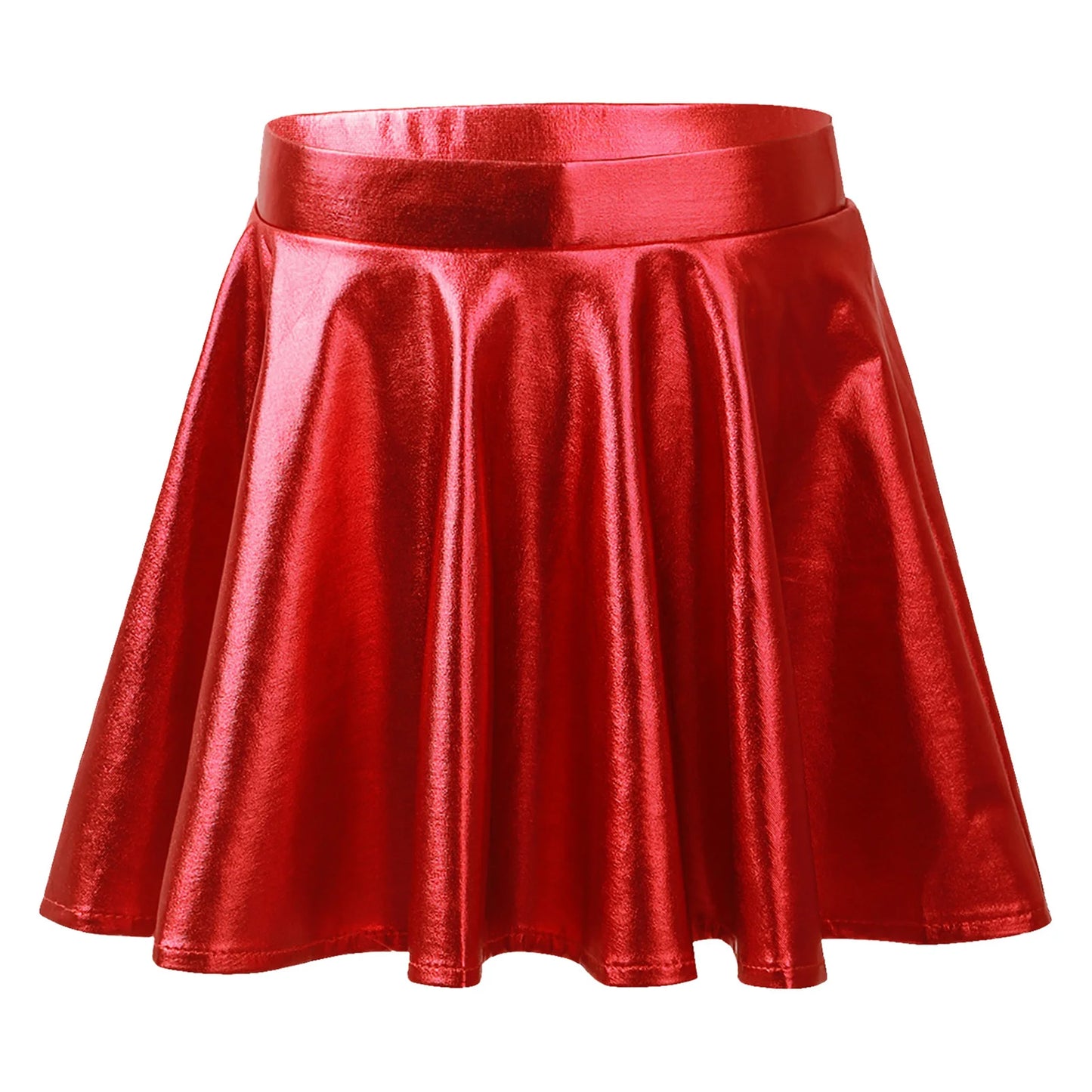 Girls Glossy Metallic Flared Pleated A-Line Miniskirt (Age 6-12 YRS) Red