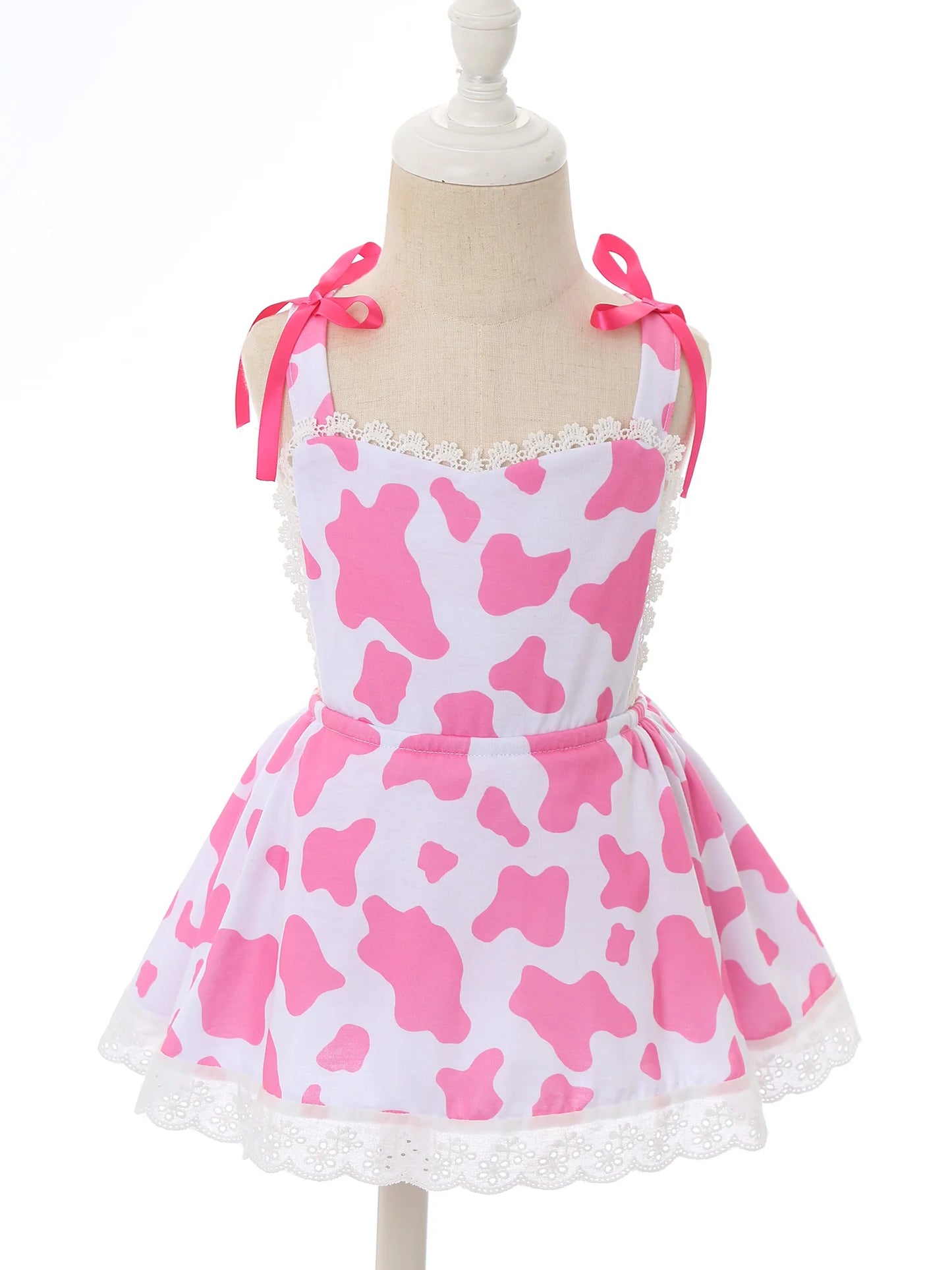 Girls Cow Print Sleeveless Lace Trim Dress (Age 12M-6 YRS)
