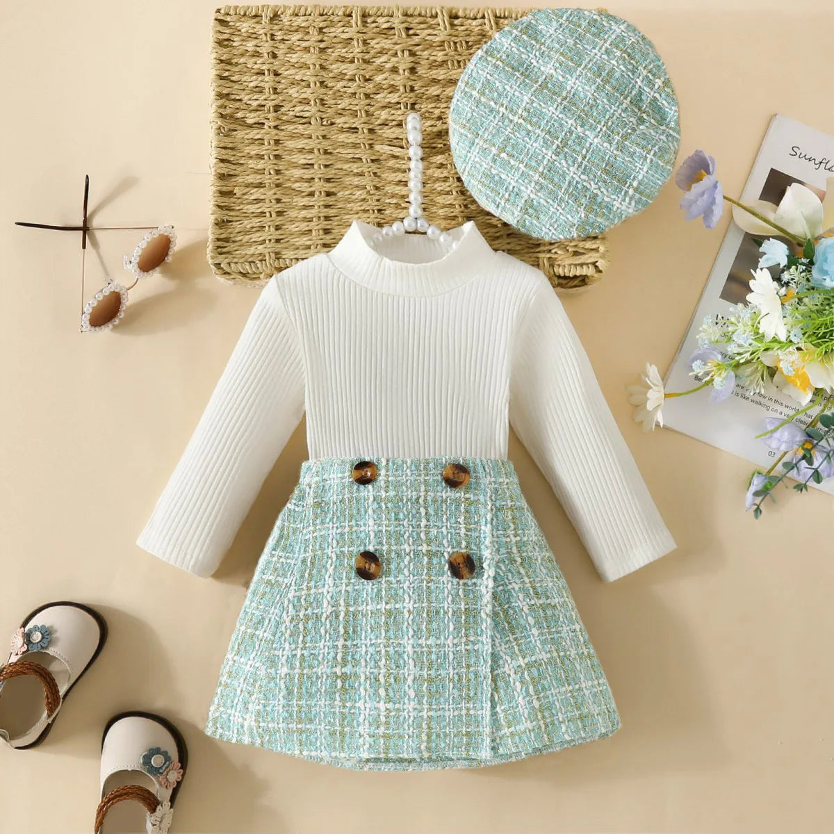 Baby/Toddler Girls Top & Houndtooth Skirt & Matching Beret Set (Age 6M-3YRS) Green