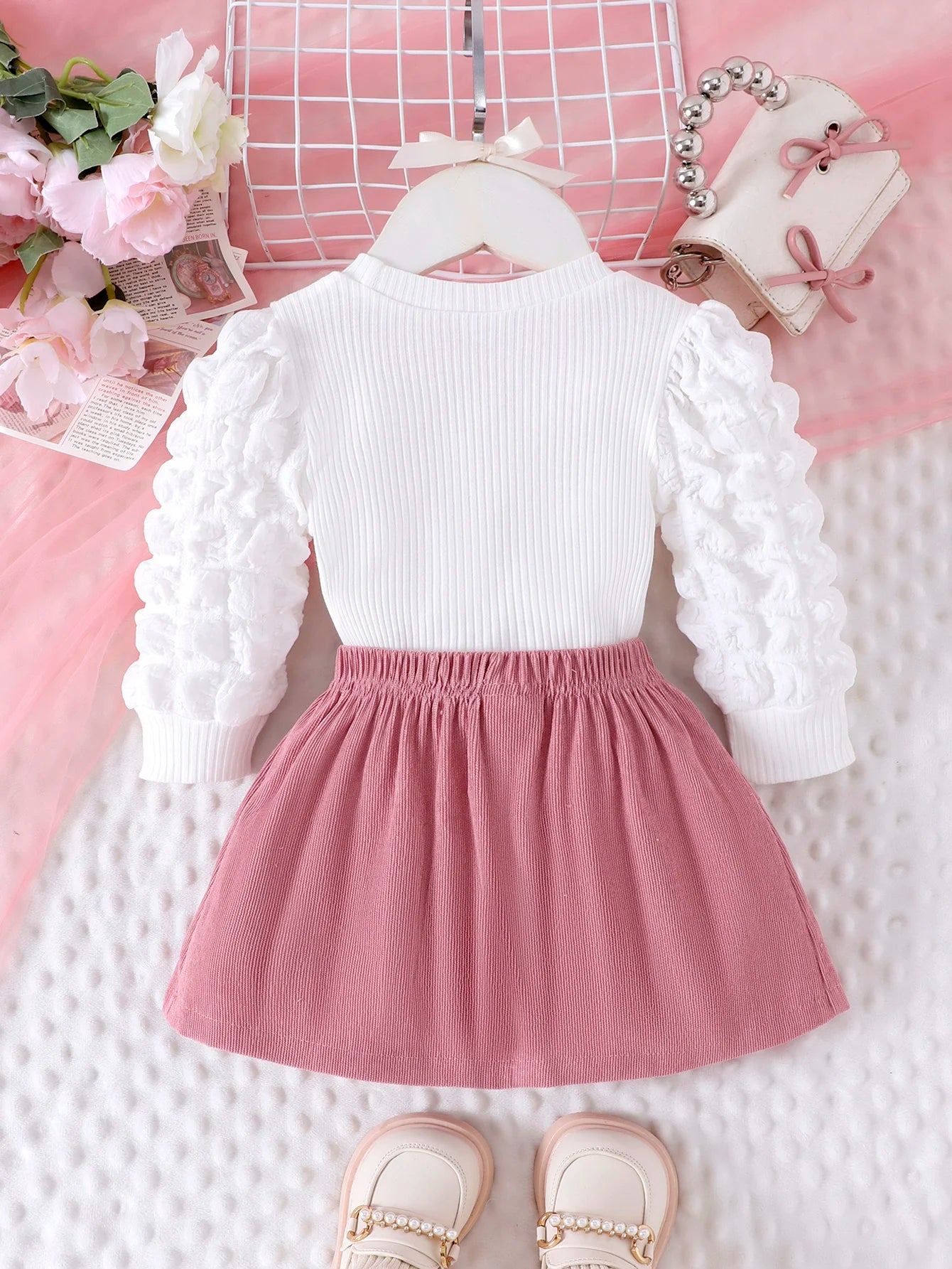 Baby/Toddler Girls Bubble Sleeve Heart Top + Pink Short Skirt Set (Age 6M-3 YRS)