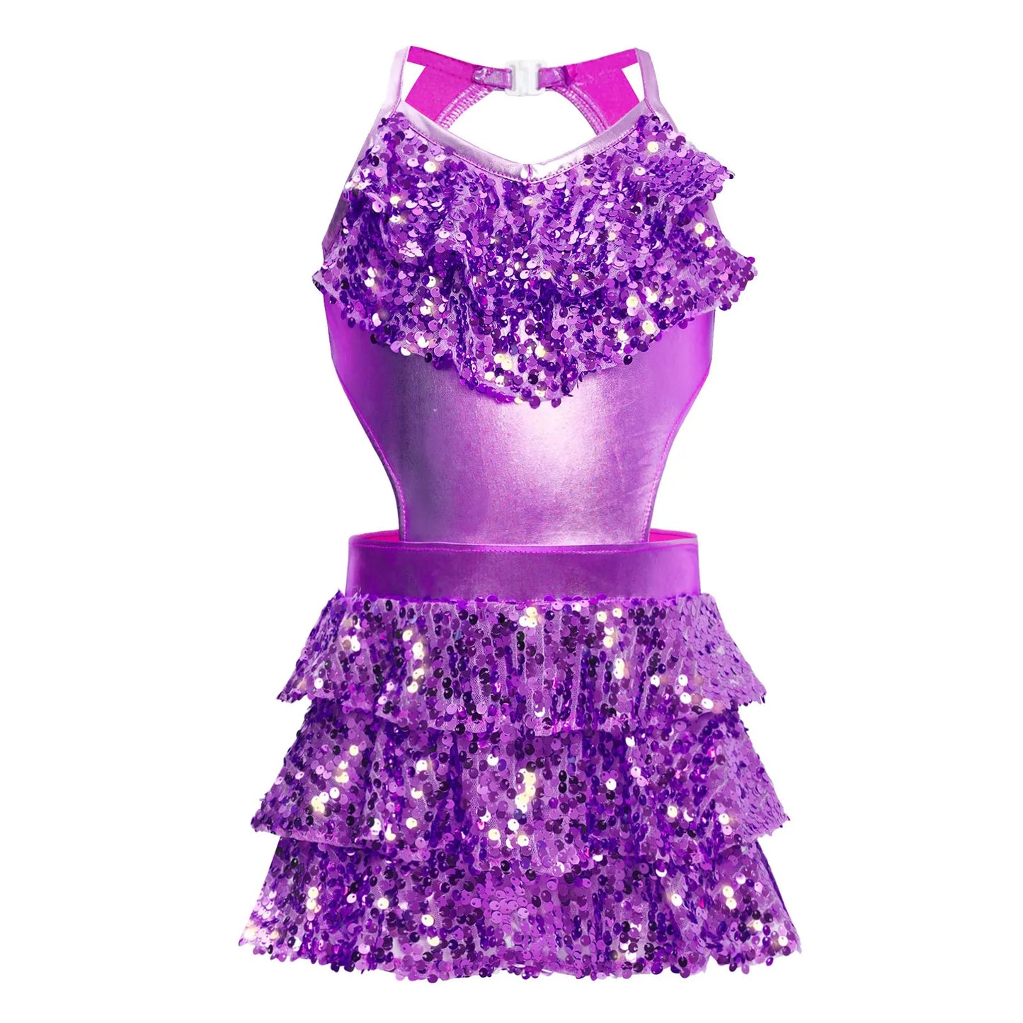 Girls Sequin Dance Sleeveless Cutout Tiered Ruffle Metallic Leotard Dress (Age 6-16 YRS)