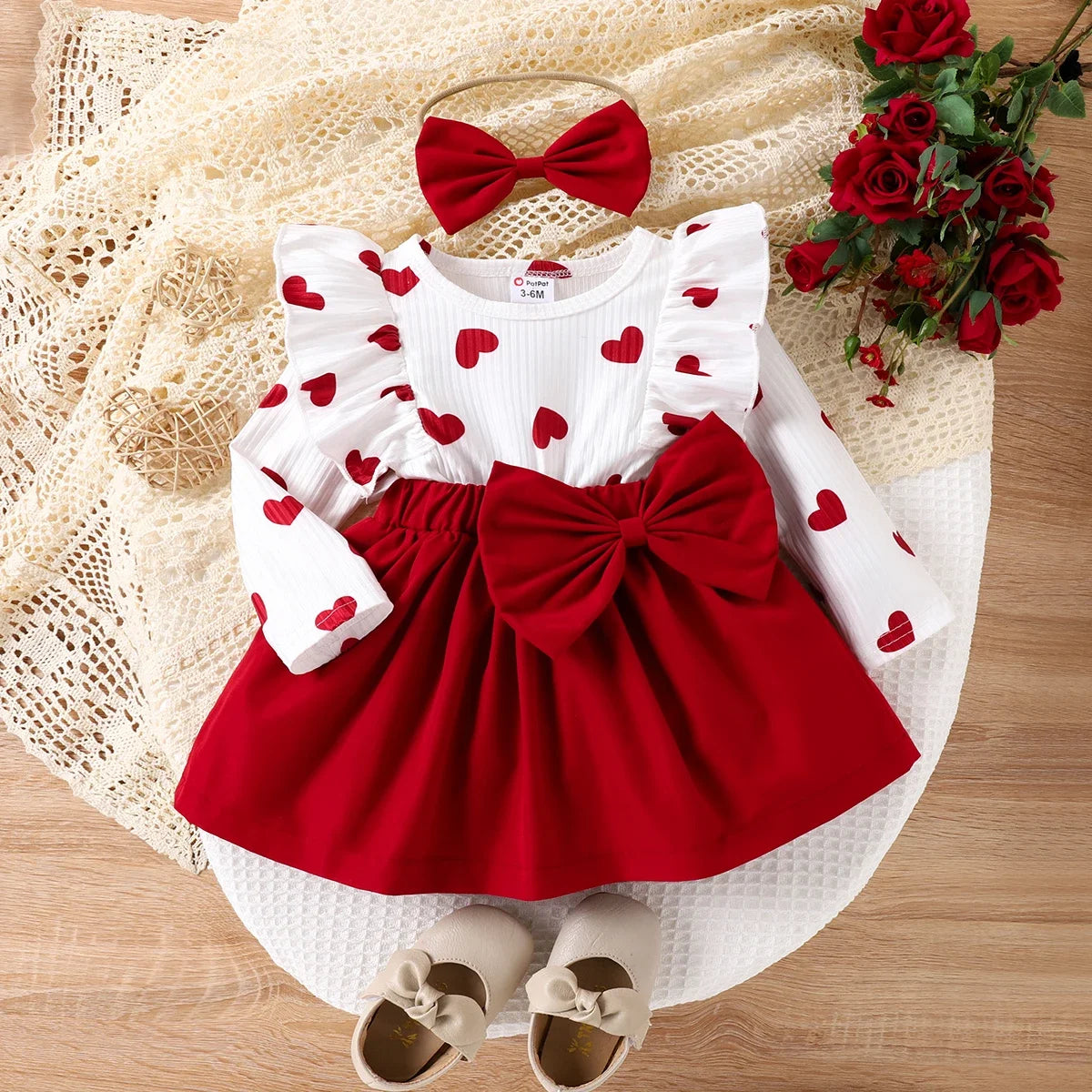 Baby Girl Heart Dress & Headband Set (Age 3M-24M) Red
