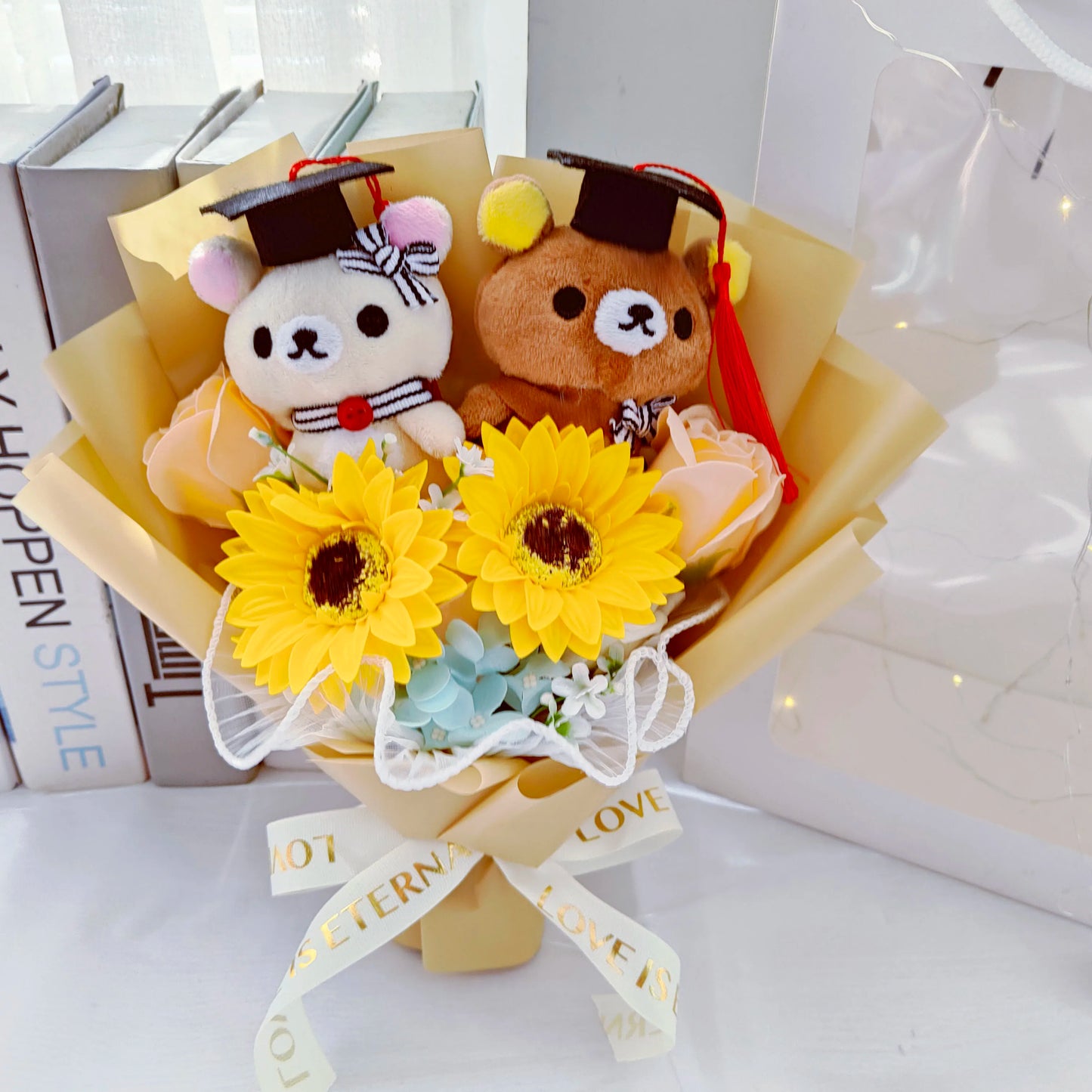 Graduation Teddy Bear Plush Flower Gift Bouquet | Keepsake for Graduation & Celebrations Gold