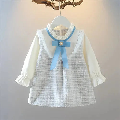 Baby Girls Vintage Long Sleeve Peter Pan Collar Dress (Age 6M-3YRS) Blue