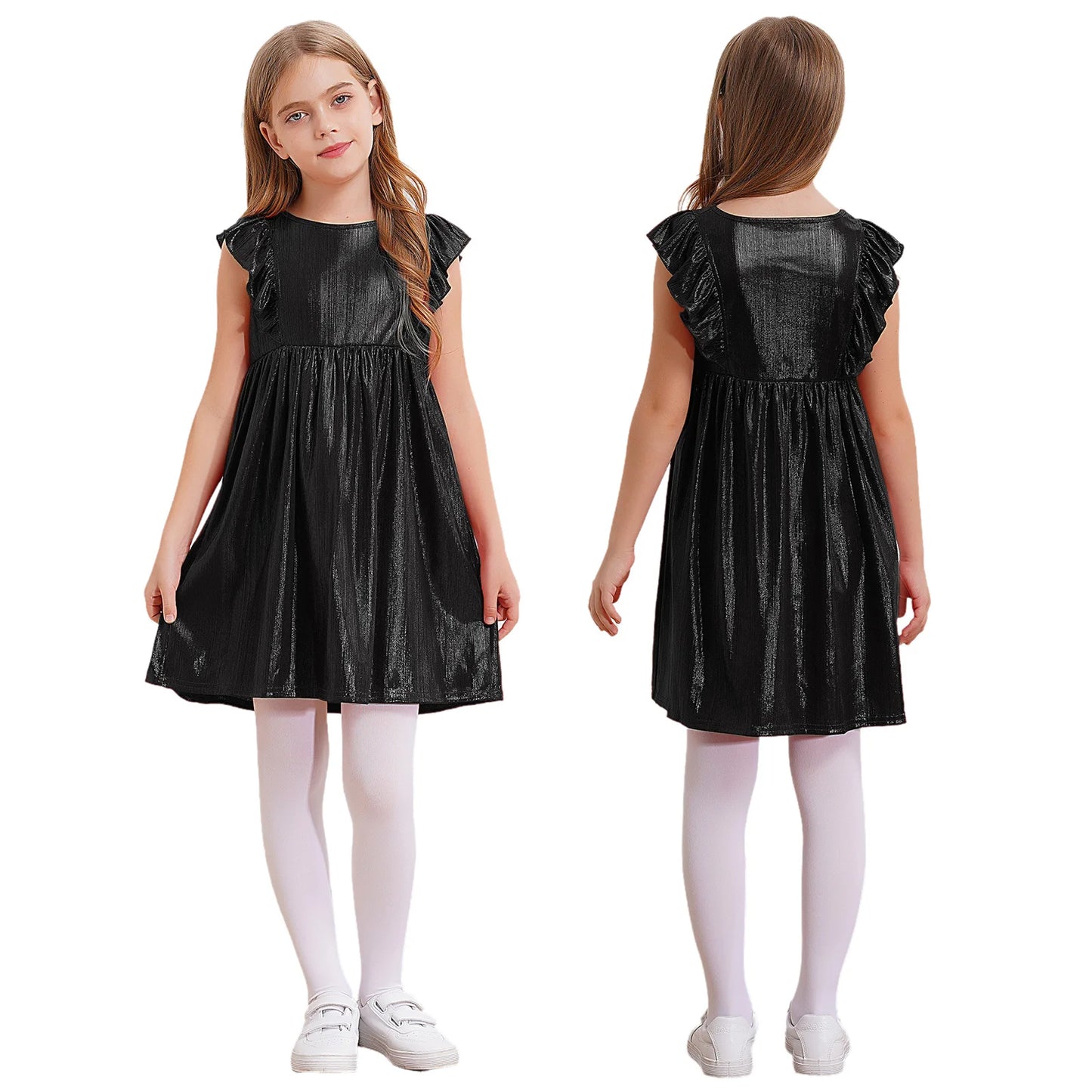Girls Metallic Sleeveless Ruffles A-Line Dress (Age 24M-10YRS) Black