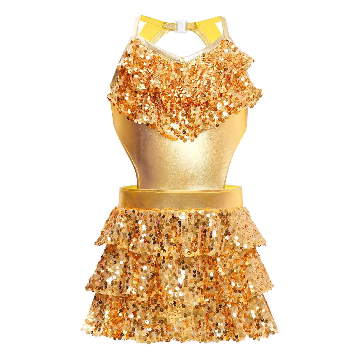 Girls Sequin Dance Sleeveless Cutout Tiered Ruffle Metallic Leotard Dress (Age 6-16 YRS)