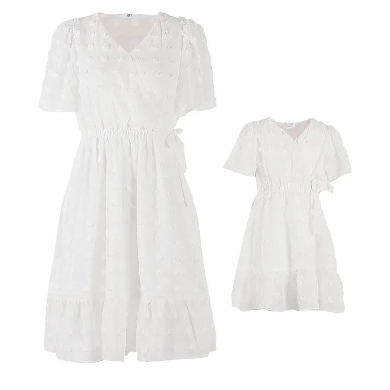 Mother & Daughter Matching Short Sleeves V-neck Polka Dot Dress (Mommy & Me) White
