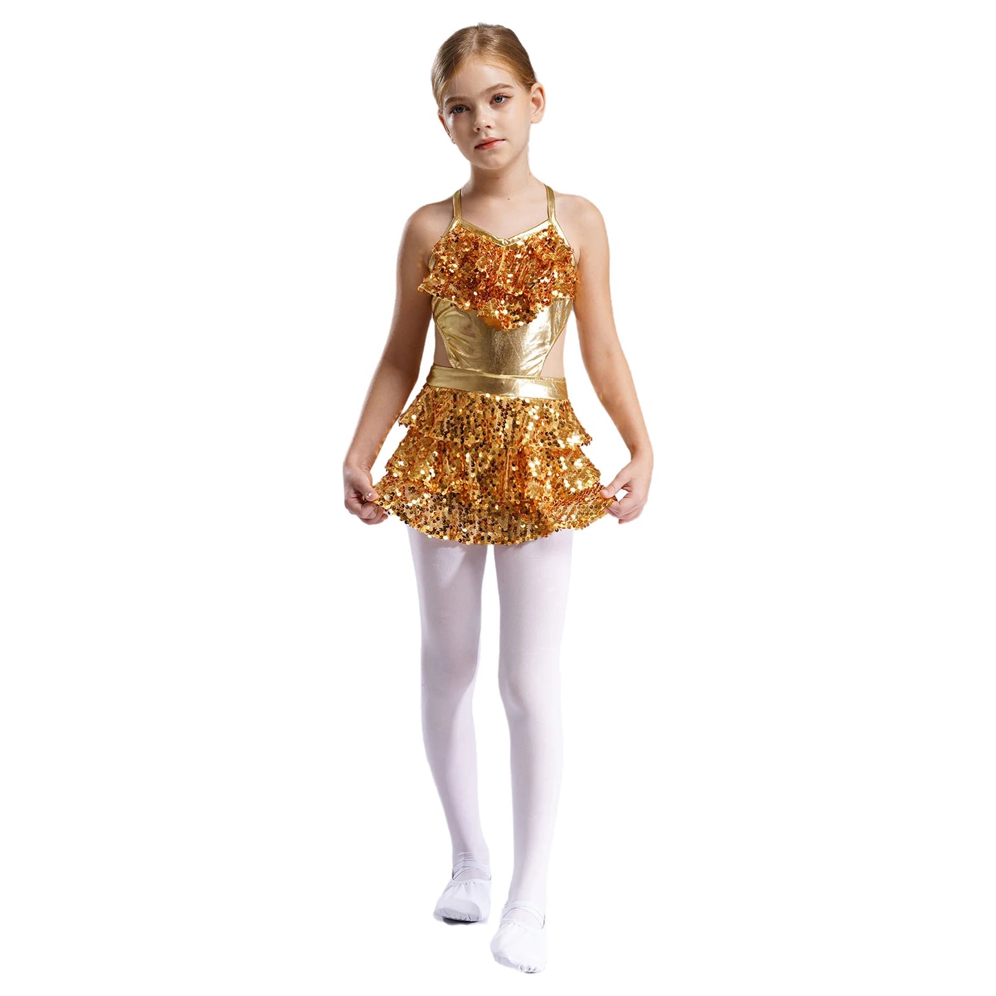 Girls Sequin Dance Sleeveless Cutout Tiered Ruffle Metallic Leotard Dress (Age 6-16 YRS)