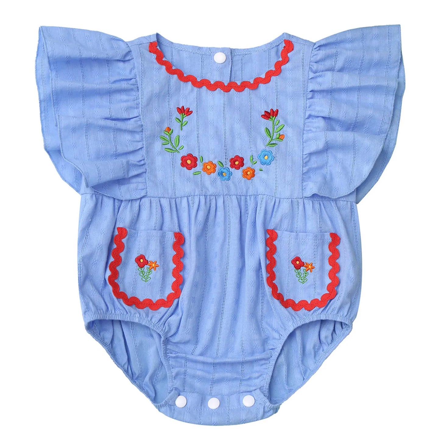 Baby Girls Mexican Embroidered Ruffled Sleeves Romper (Age Newborn-24M) Blue