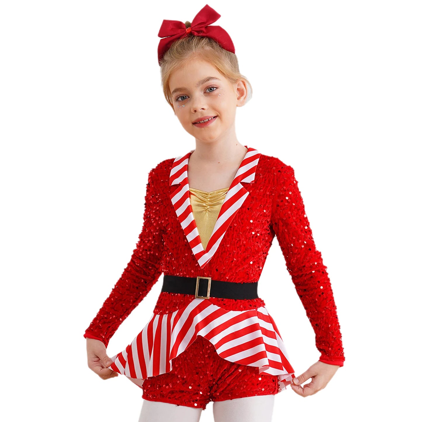 Girls Christmas Candy Cane Long Sleeve Sequin Stripe Costume (Age 6-16 YRS) Red