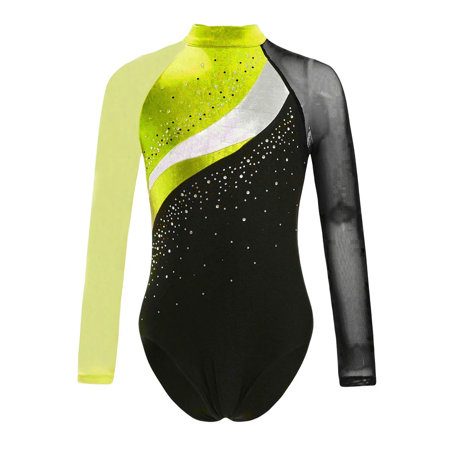 Girls Ballet Dance Leotard Gymnastics Rhinestones Sheer Mesh Long Sleeve (Age 4-16 YRS)