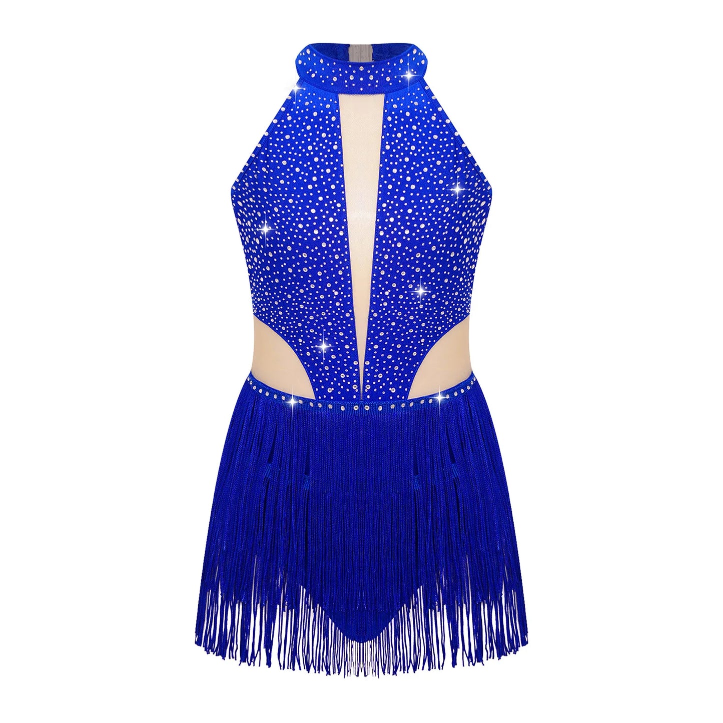 Girls Dance Costume Sleeveless Rhinestone Tassel Leotard (Age 6-16 YRS)