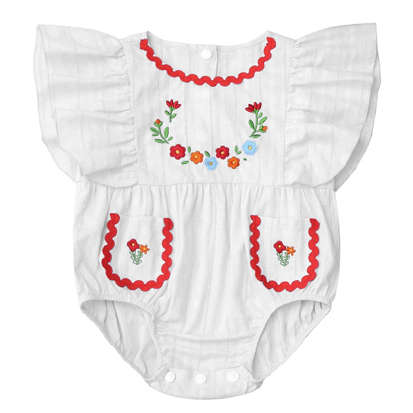 Baby Girls Mexican Embroidered Ruffled Sleeves Romper (Age Newborn-24M) Ivory